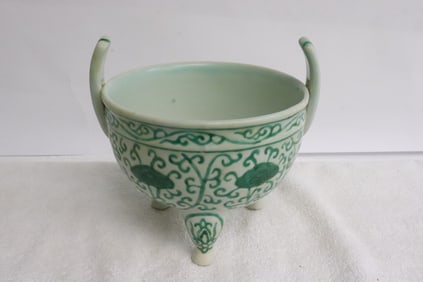 Chinese green on white porcelain tripod handled censer