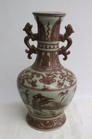 Chinese red and white porcelain handled vase