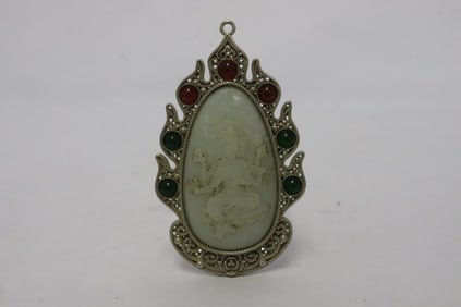 White bronze pendant with jade like stone inset