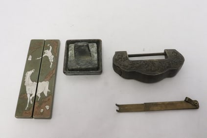 bronze lock, bronze seal, & pair bronze scroll weights