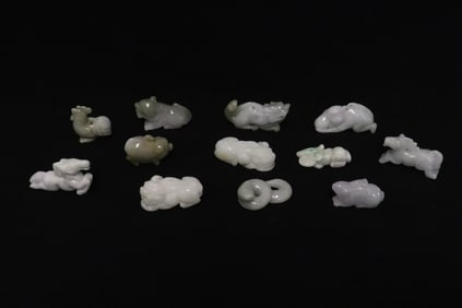 12 Chinese natural color jadeite carved small animals