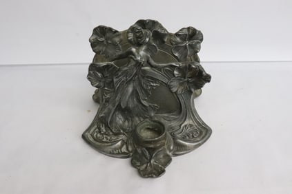 art nouveau cast metal letter holder w/ ink stand