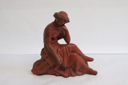 Art nouveau painted cast metal sculpture of musician