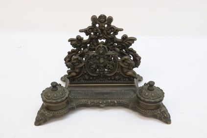 Victorian cast metal letter holder with ink stand