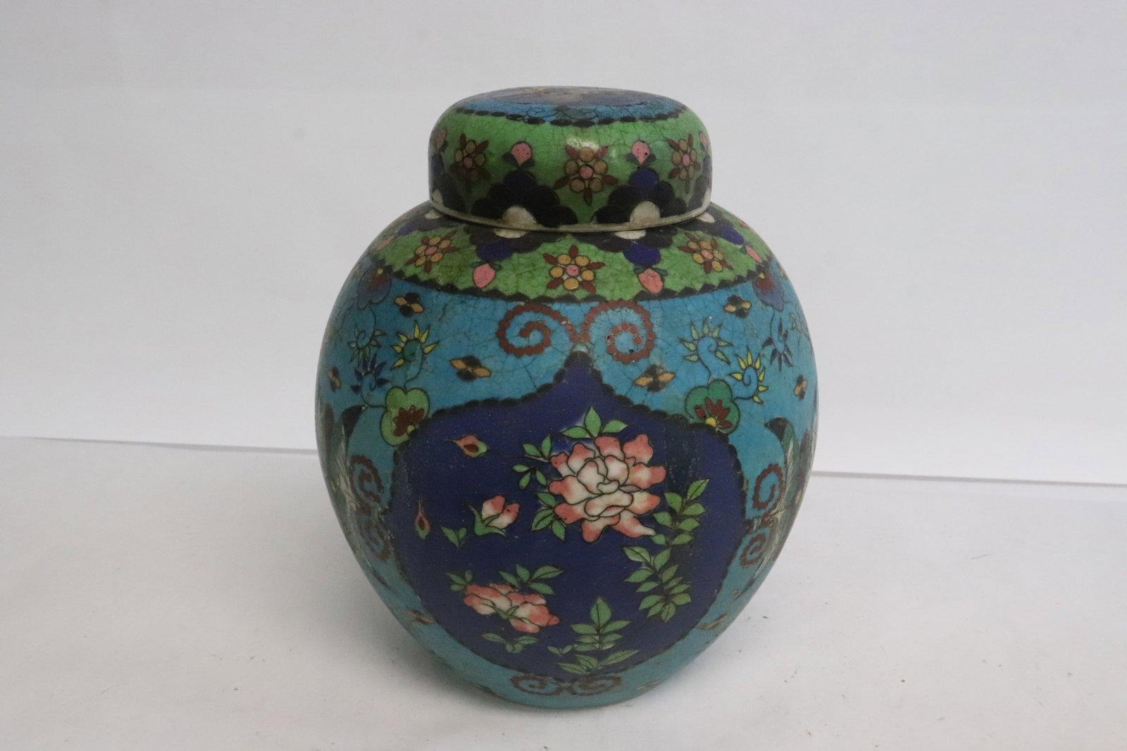 antique Japanese cloisonne on porcelain covered jar: Unusual antique Japanese cloisonne on porcelain covered jar, 7.35"x6.25"dia