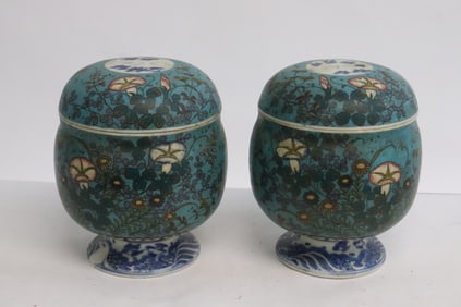 Pr Japanese antique cloisonne on porcelain covered tea caddies