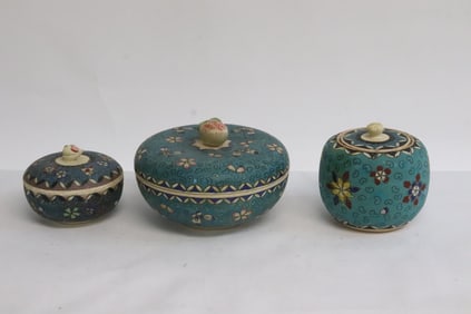 3 Japanese antique cloisonne on porcelain powder boxes