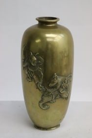 Japanese gilt bronze shakudu vase, signed