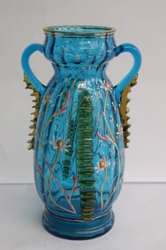 Beautiful unsigned Moser enamel on blue glass vase
