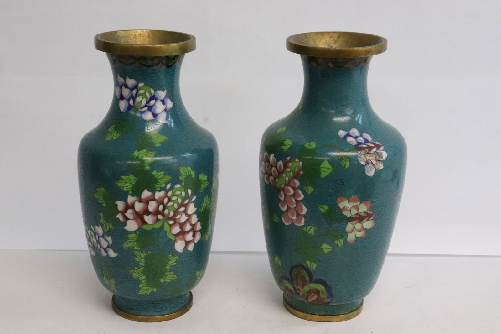 Pair Chinese vintage cloisonne vases: Pair Chinese vintage cloisonne vases, 9"x4.5"dia