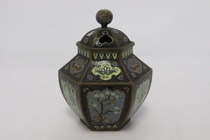 Japanese antique cloisonne covered censer, signed