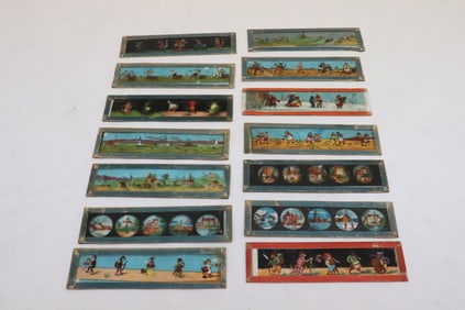 14 Victorian colored glass magic lantern slides