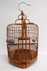 Chinese bamboo bird cage w/ porcelain bird feeder
