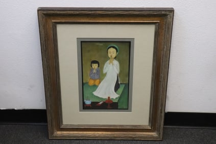Watercolor on silk panel, signed Mai Thu