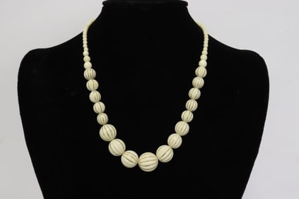 Chinese bone carved bead necklace overlay w/ gold wire
