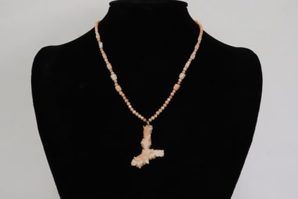 Carved coral pendant w/ coral bead necklace & 14K clasp