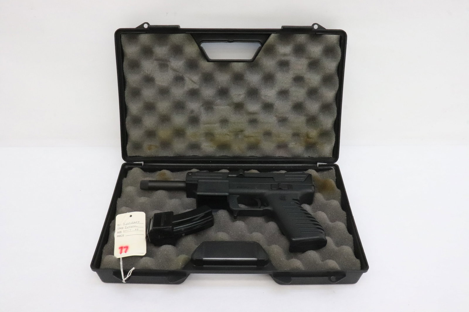 Intratec, Sport-22, 22LR, Semi auto: Barrel length: 4", serial #: KOO5227. NO California buyer, out of state buyers only, no international shipping, no California transfer. Buyer is responsible for checking local laws before bidding. For