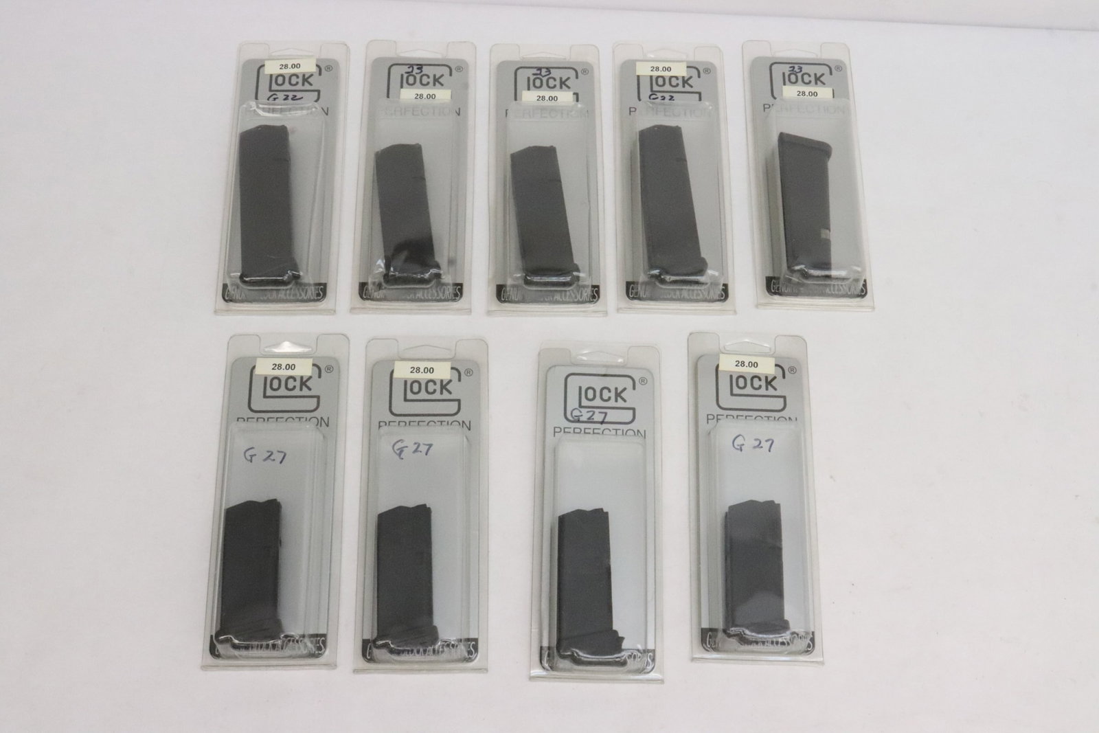 Lot of 9 magazines by Lock Perfection: Two G22 10RD magazines, three G23 10RD magazines, and four G27 9RD magazines by Lock Perfection