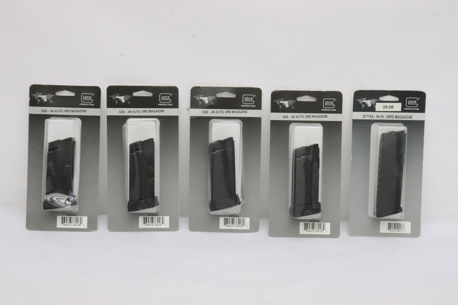 Four G36 - 0.45 auto 6RD magazines, and one G17/ 34 - 9x19 10RD magazine: Four G36 - 0.45 auto 6RD magazines, and one G17/ 34 - 9x19 10RD magazine