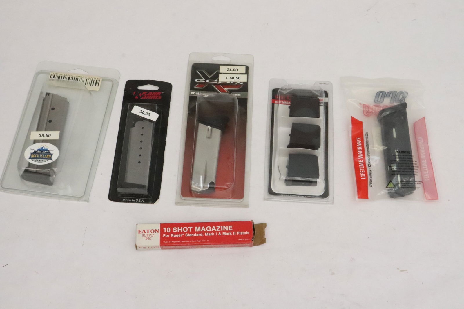 6 gun magazines: 6 gun magazines; Kaha 9-7, 3 pack BX-1 magazine for Ruger, pro-Mag 9mm 10RD, XD 1923 sub-compact 9mm 10RD, Rock Island 38 super/ 9mm 10RD, and 10RD for Ruger standard, Mark I and II pistols