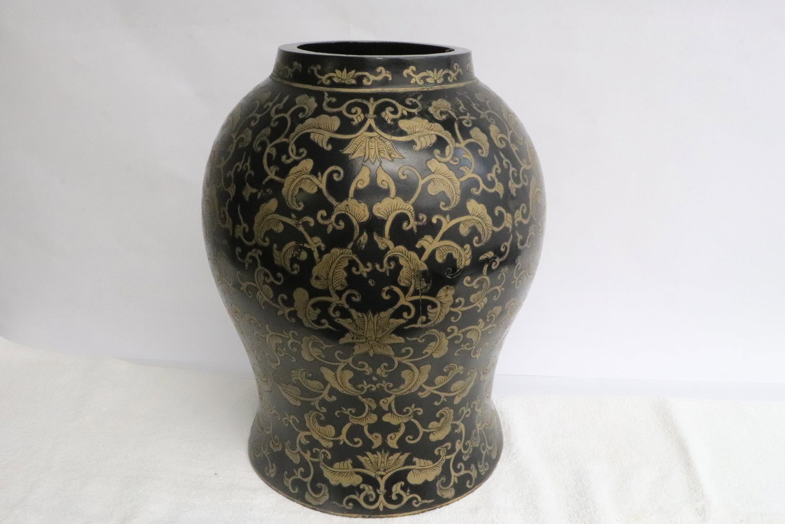 Chinese gold on black lacquer jar, drilled: Chinese gold on black lacquer jar, drilled, 13.15"x10.4"dia