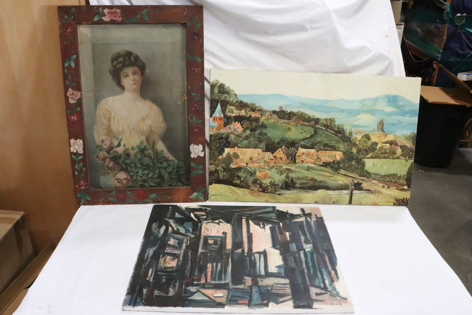 2 oil paintings, & a Victorian painting on fancy frame: 2 oil paintings (24"x30.2", 24"x38.1"), and a beautiful Victorian painting (28.8"x18.2") on fancy frame (34.7"x24.2"x0.9")