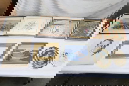 Lot of wall art; including a fine inlaid frame
