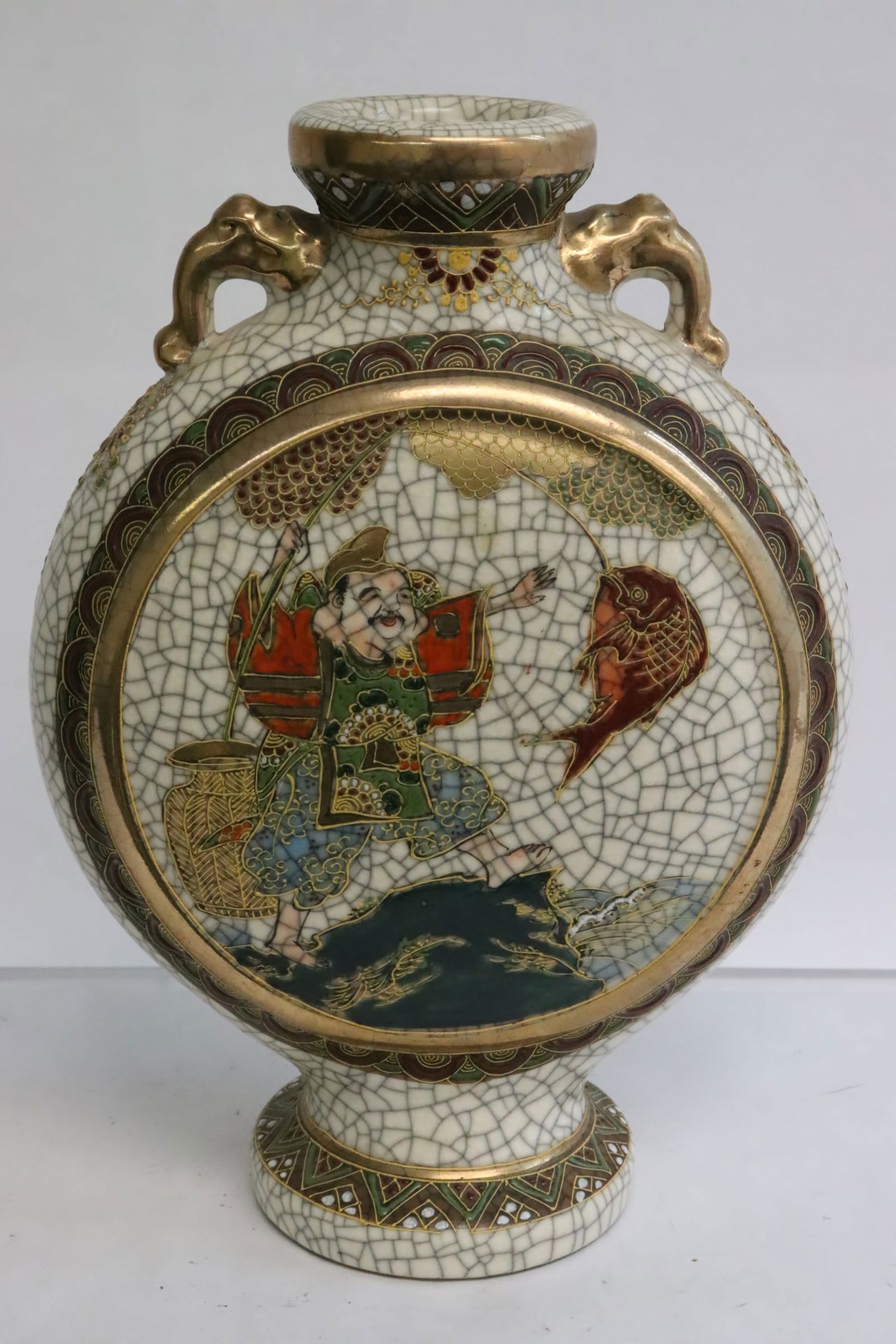 Unusual Japanese vintage crackleware satsuma flask: Unusual Japanese vintage crackleware satsuma flask, 10.15"x7.35"x3.85"