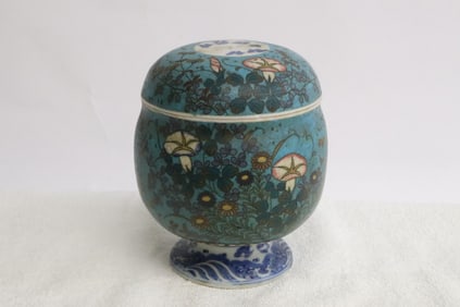 19th c. Japanese cloisonne on porcelain covered tea caddy