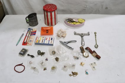 Lot of vintage pins, 2 watches, and misc.