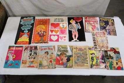 comic books, a tattoo magazine, & 4 large Valentine cards