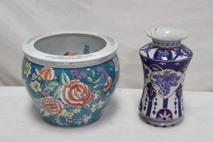 a Chinese famille rose planter, & a blue and white vase