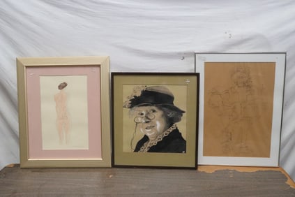 3 framed pencil drawings