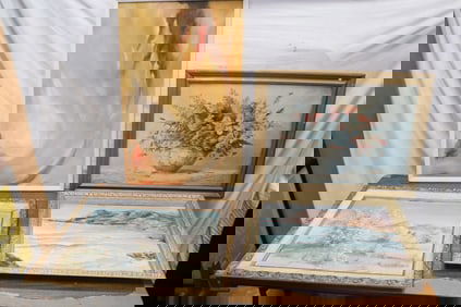4 oil paintings, etching, etc