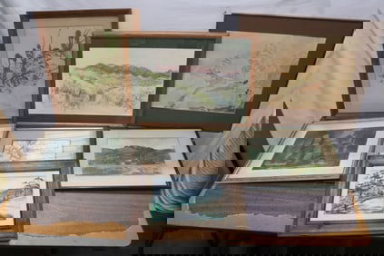 7 pieces paintings, etching, etc
