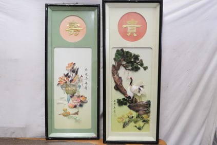 2 Chinese wall hangings decorated w/ mother of pearl