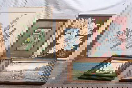 4 oil/ watercolor paintings, and a signed etching