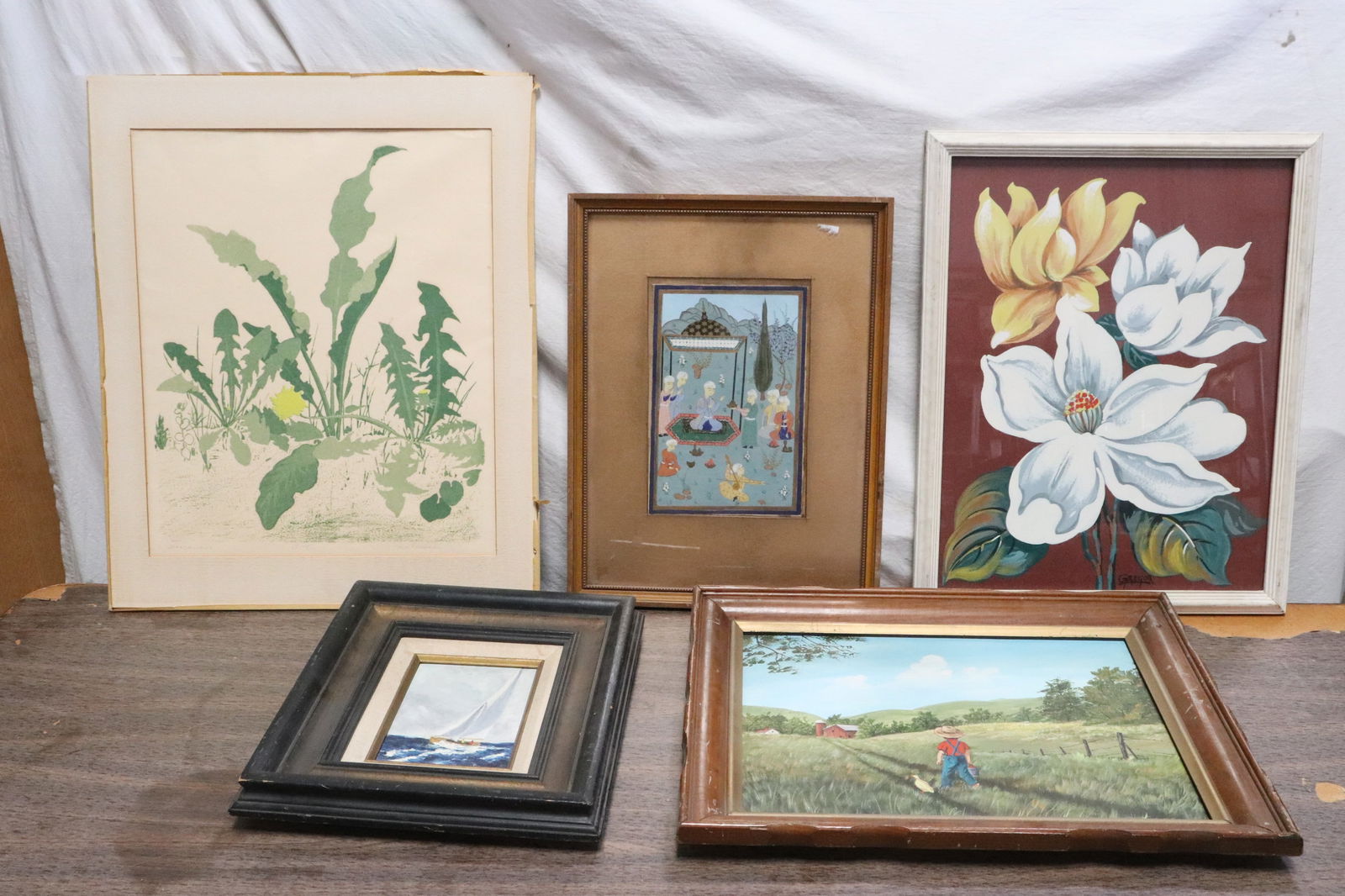 4 oil/ watercolor paintings, and a signed etching: 4 oil/ watercolor paintings (6.5"x4.6" (F:14.1"x12.15"x2") - 17.6"x14.6" (F:22"x18"x0.15")), and a signed etching (17.6"x13.6" (F:19.7"x15.65"x0.8")