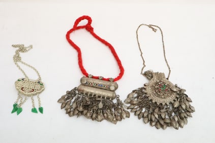 3 Tibetan white metal ornament, missing stones