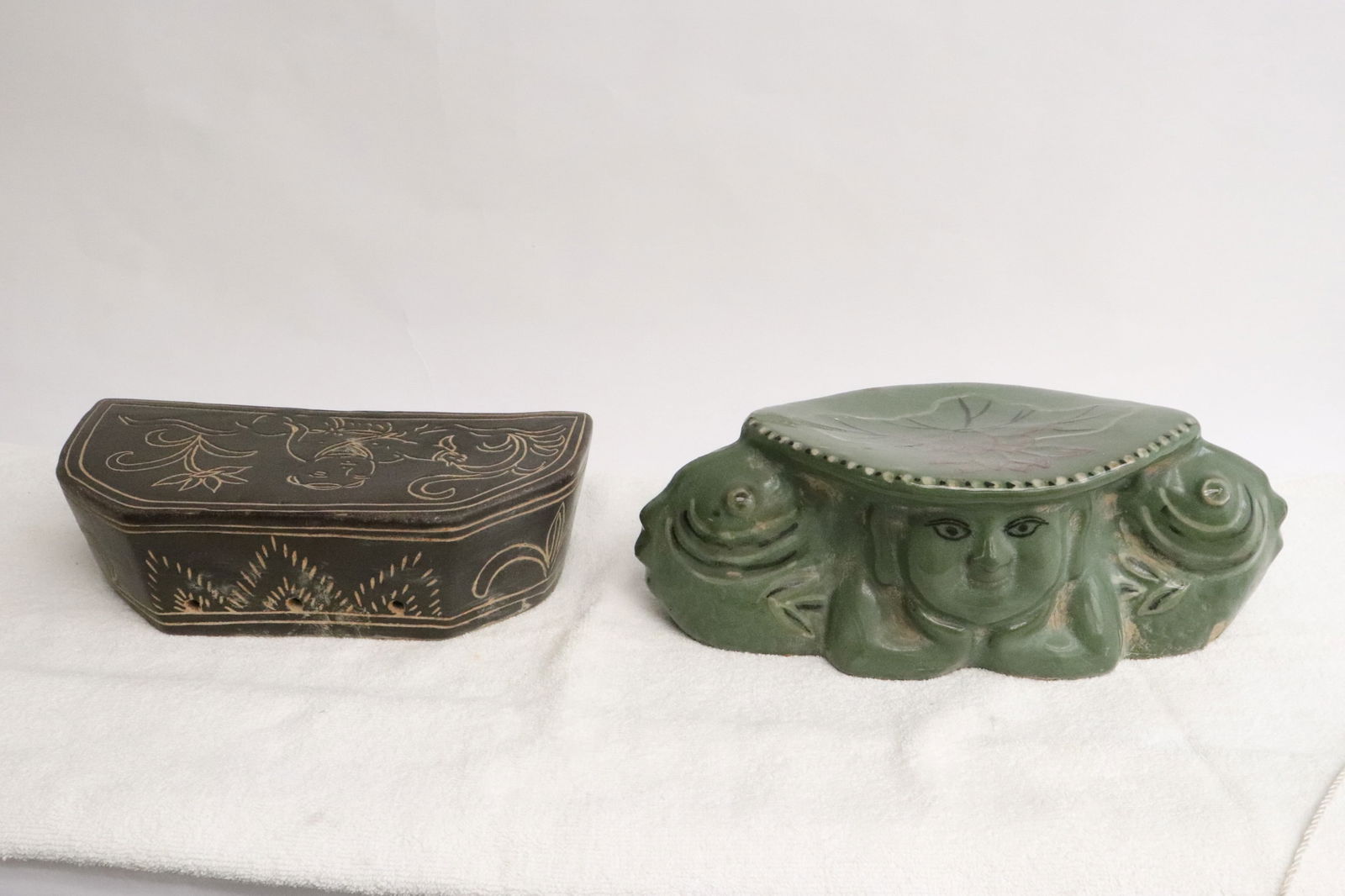 2 Song style earthenware pillows: 2 Song style earthenware pillows, hairline and repair, 2.85"x10"x4.85", 4.15"x11.8"x6.4"