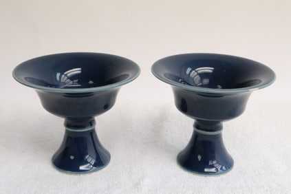 Pair Chinese blue glazed stem bowls