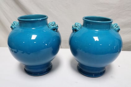 Pair blue glazed porcelain jars
