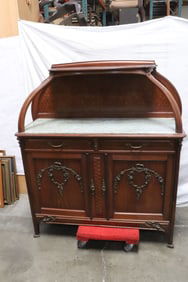 art nouveau mixed wood marble top server cabinet