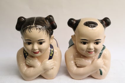 Pair Chinese hand painted porcelain pillows