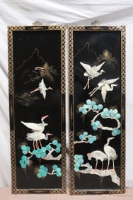 Pair Chinese lacquer wood panel w/ MOP overlay