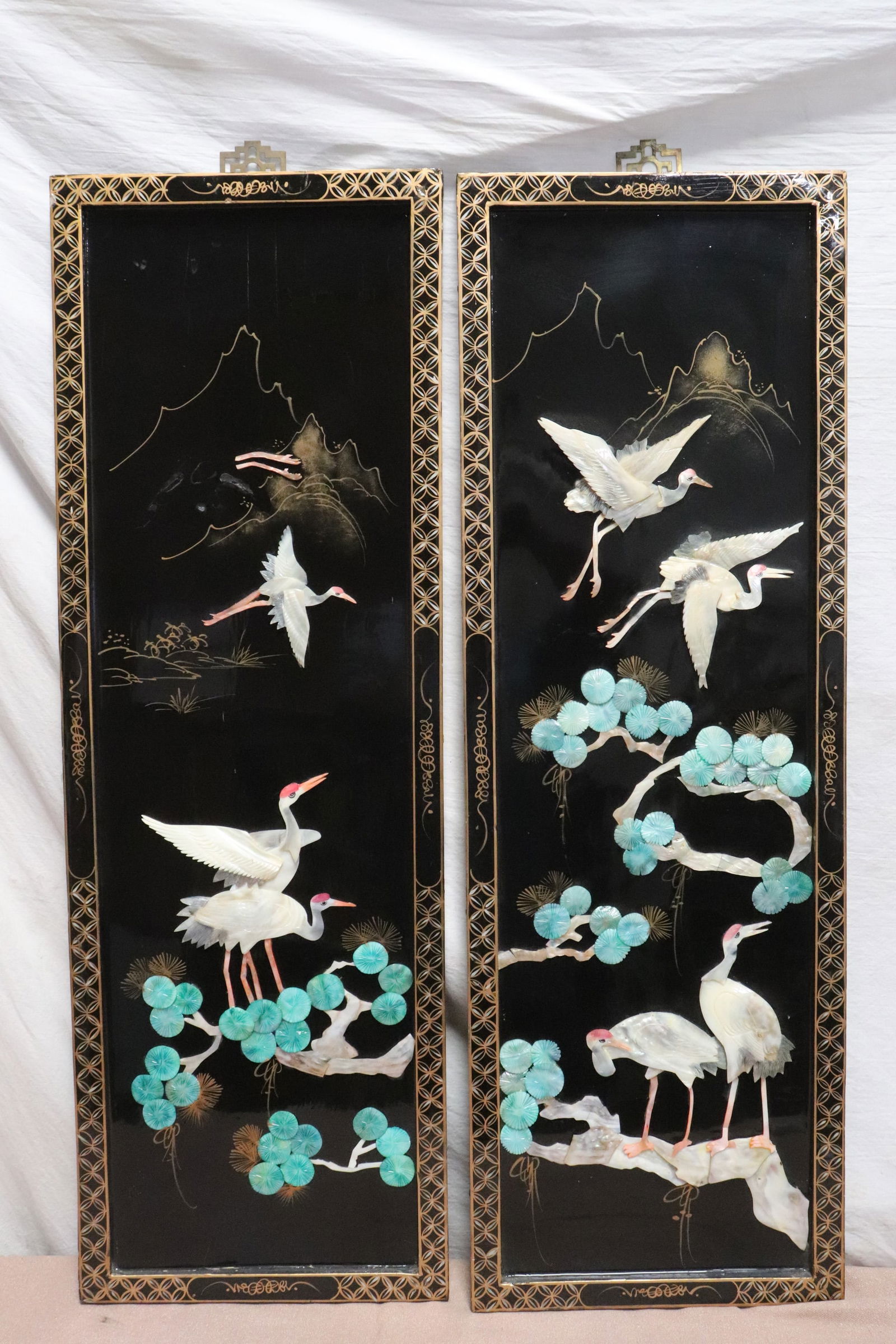 Pair Chinese lacquer wood panel w/ MOP overlay (1 of 9)