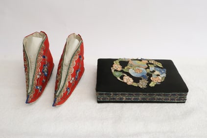 pair Chinese antique embroidery shoes, & an embroidery box