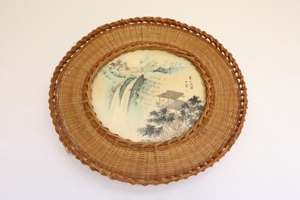 Chinese antique bamboo plate w/ watercolor painting