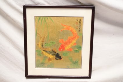 Chinese w/c on gold leaf paper, signed & seal mark