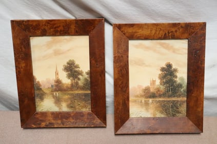Ronald Cavalla, pair oil on panel w/ burl walnut frame